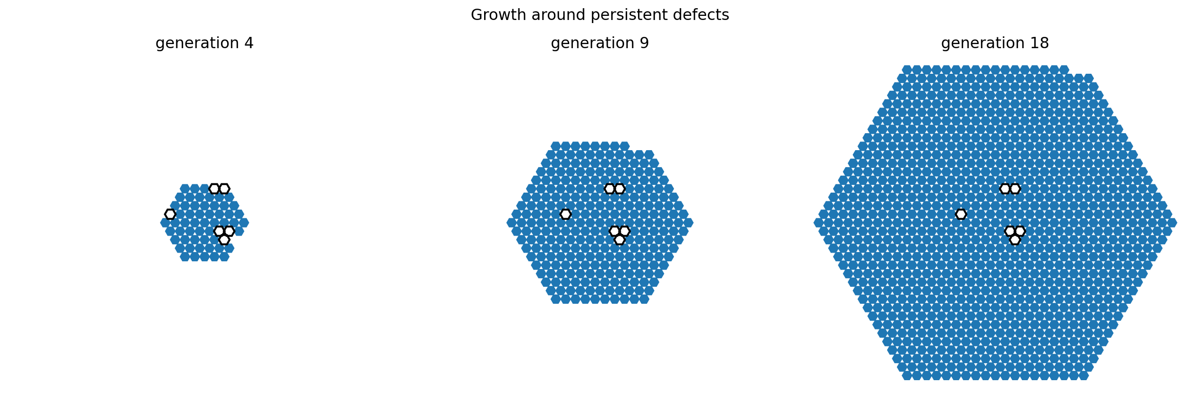 A growing hexagonal digital crystal encountering permanent blocked cells and expanding around them.