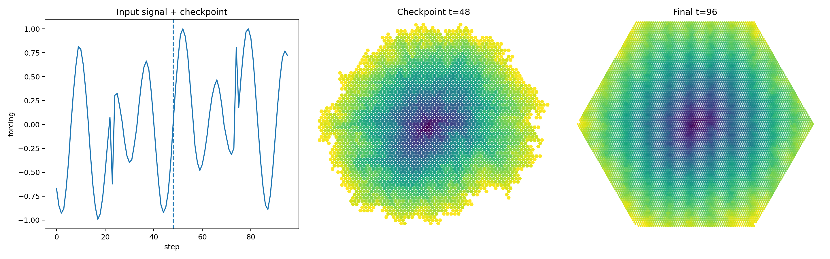 The Chapter 15 Digital Crystal input signal with a checkpoint at step 48, together with the crystal at the checkpoint and its final state at step 96.